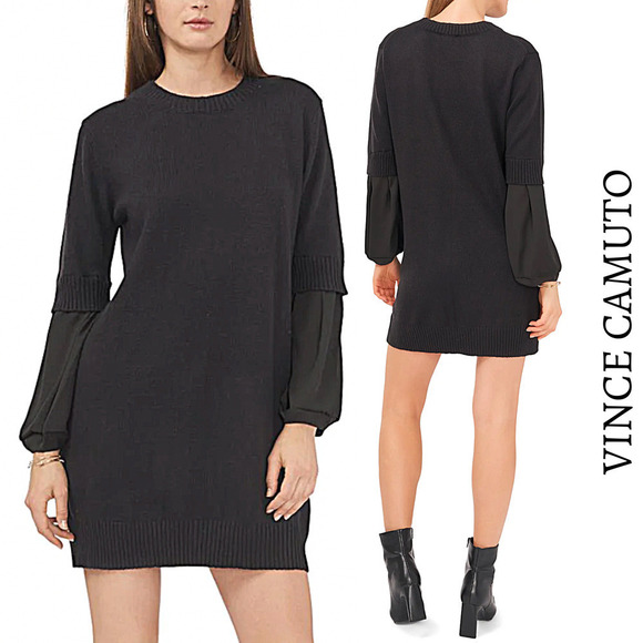 Vince Camuto NWT Layered Mixed Media Long Sleeve Black Sweater Dress Small - Picture 12 of 12